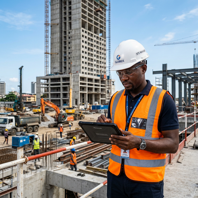 Chef de chantier africain avec tablette