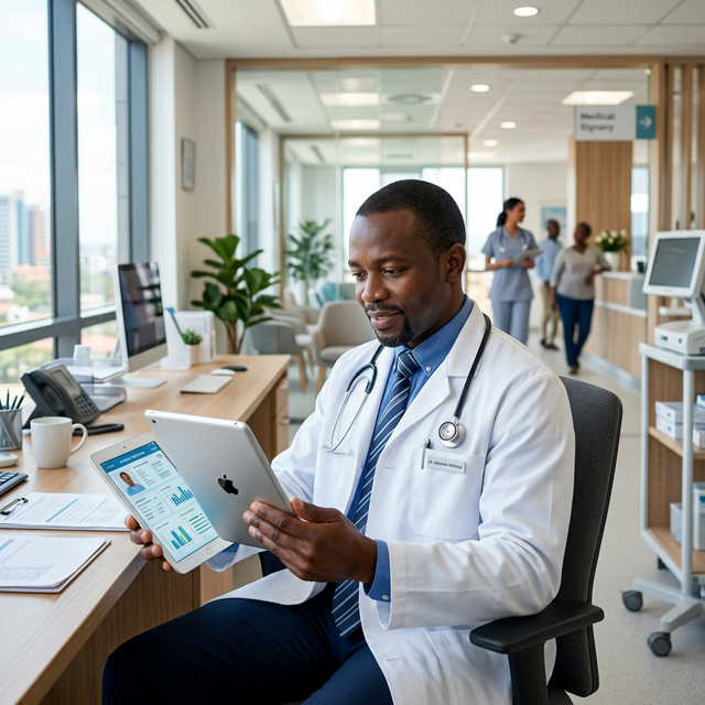 Médecin africain utilisant une tablette dans une clinique moderne