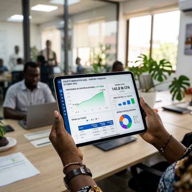 Dashboard financier moderne tenu par des mains africaines