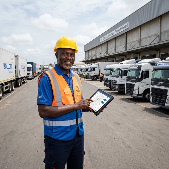 Superviseur logistique africain devant une flotte de camions