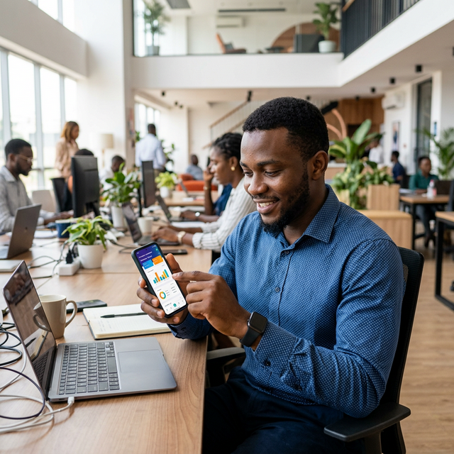 Jeune africain testant une application mobile sur smartphone