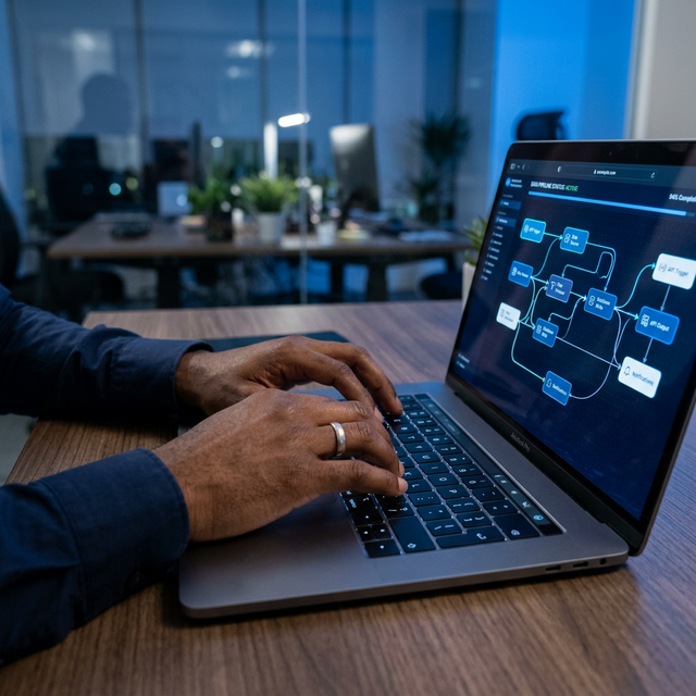 Mains africaines tapant sur un clavier avec workflows automatisés