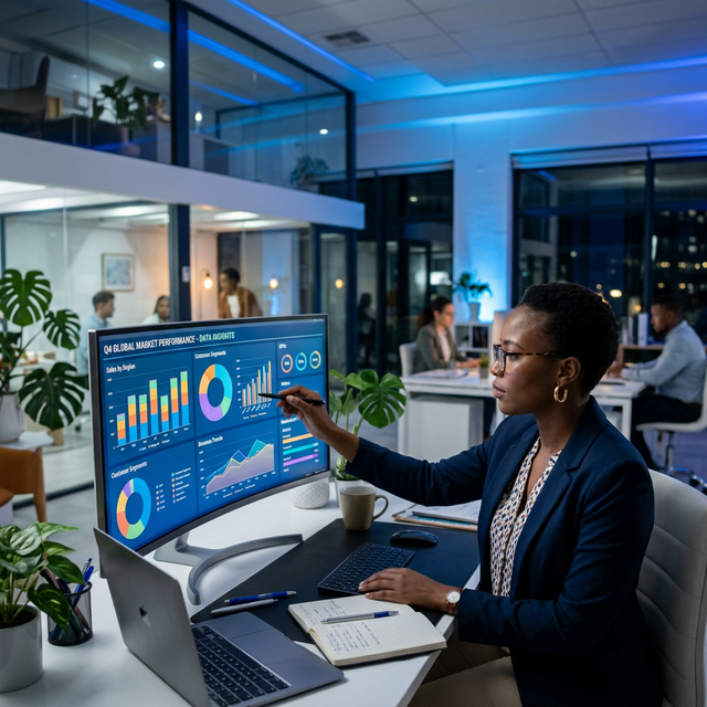 Professionnel africain analysant des données sur un écran