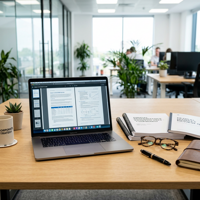 Documents professionnels sur un bureau avec ordinateur portable