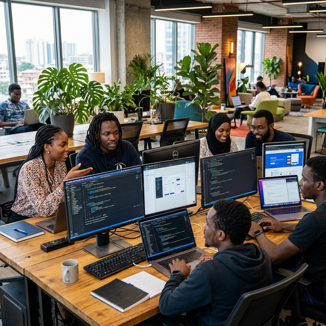 Équipe de développeurs africains travaillant dans un espace de coworking